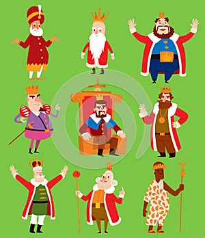 King vector illustration set. Fantasy royalty medieval cartoon monarch fun comic set. Fairytale prince costume kings