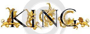 King. vintage gold damask curl script. love text.