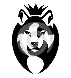 King wolf wearing royal crown black and white vector head outline