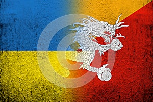 Kingdom of Bhutan National flag with National flag of Ukraine. Grunge background