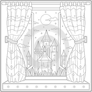 Kingdom castle view from house curtain in beautiful landscape. Learning and education coloring page