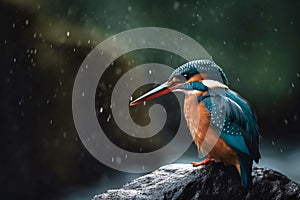 Kingfisher bird closeup waterfall on background