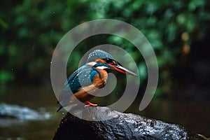 Kingfisher bird closeup waterfall on background