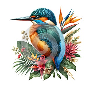 Kingfisher bird with tropical plants and flowers