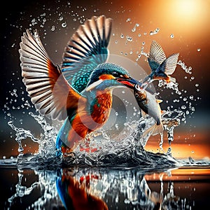 Kingfisher catch fish over a lake of water and the water moves in a water-reflection background