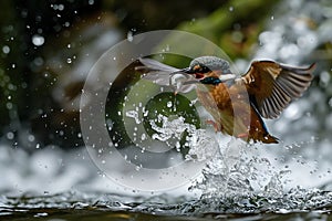 Kingfisher emerging from the water after driving to grab a fish.Generative Ai