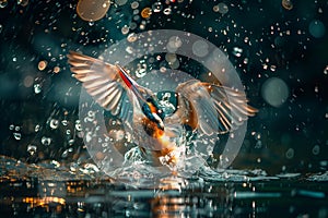 Kingfisher emerging from the water after driving to grab a fish.Generative Ai