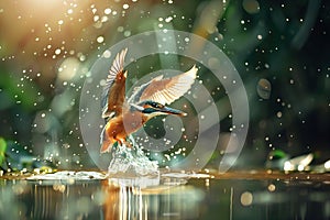 Kingfisher emerging from the water after driving to grab a fish.Generative Ai