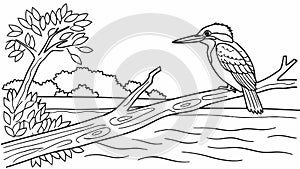 Kingfisher On Log In Landscape River Tree Wildlife Vector Sketch, vector design Generative AI photo