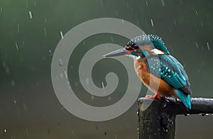 Kingfisher Perched in the Rain: A Stunning Wildlife Moment.