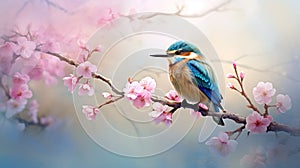 kingfisher relaxing on a cherry tree, wallpaper design
