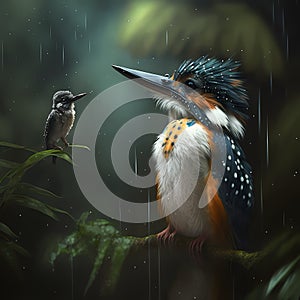 Kingfishers And Baby At Rainforest. Generative AI