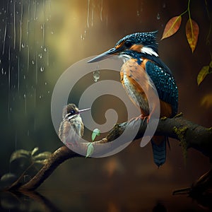 Kingfishers And Baby At Rainforest. Generative AI