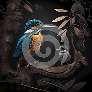 Kingfishers And Baby At Rainforest. Generative AI