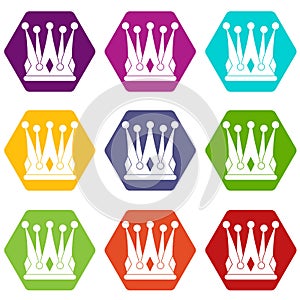 Kingly crown icon set color hexahedron
