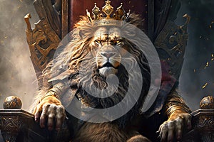 A Kingly Lion Wearing a Crown Sits on a Throne - Generative AI