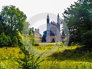Kings College Chapel behind trees in Cambridge, United Kingdom
