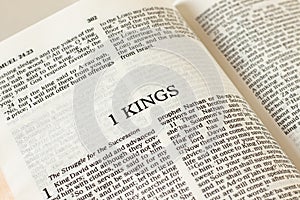 1 Kings open Holy Bible Book. A close-up photo