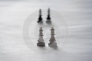 Kings and queens on white background. Plastic black and white chess items from travel set. Selective focus