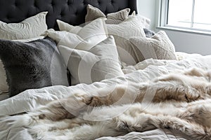 kingsize bed with a range of down pillows and fur blanket