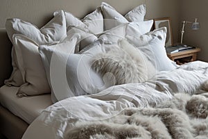 kingsize bed with a range of down pillows and fur blanket