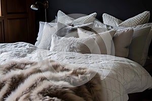 kingsize bed with a range of down pillows and fur blanket photo