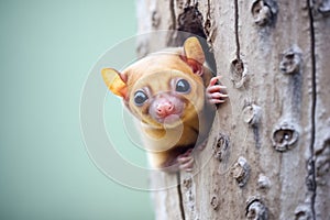 kinkajou inspecting a knothole in a tree