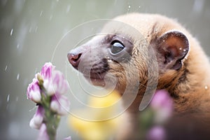 kinkajou in soft focus behind a spray of orchid flowers