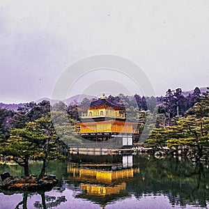 Kinkaku-ji Temple The Golden Pavilion with snow droped.