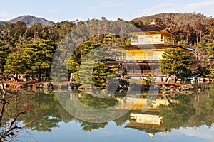 Kinkakuji Temple Rokuon-ji Temple . Golden Pavilion at Kyoto , Japan . Landscape view