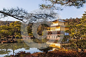 Kinkakuji Temple Rokuon-ji Temple . Golden Pavilion at Kyoto , Japan . Landscape view