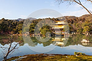 Kinkakuji Temple Rokuon-ji Temple Golden Pavilion at Kyoto , Japan . Landscape view
