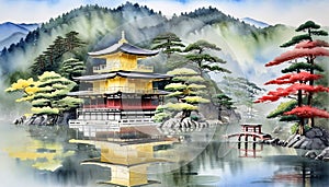 kinkakuji temple Watercolor Painting of Kinkakuji World Heritage Site Kyoto Tourism