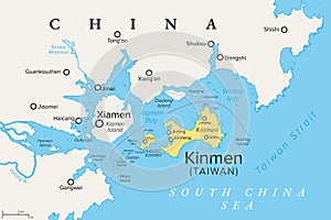 Kinmen, or also Quemoy, island group governed by Taiwan, political map