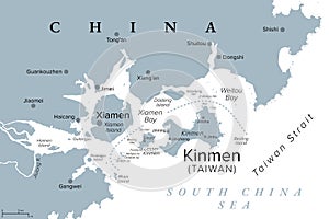 Kinmen, or Quemoy, island group governed by Taiwan, gray political map