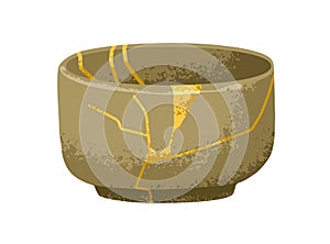 Kintsugi, ceramic pot reborn with gold lines. Chinese Asian pottery, broken dish, repaired in China, Japan golden mosaic