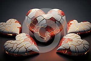 Kintsugi porcelain hearts. Valentine`s day concept