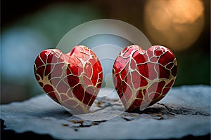 Kintsugi porcelain hearts. Valentine`s day concept