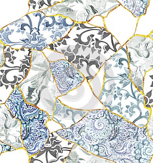 Kintsugi repeated background. Irregular mosaic, random puzzle with golden lines seamless pattern design. Ornamental photo