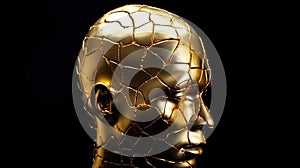 Kintsuki, Japanese ceramic head glued with gold. Concept of not constancy, imperfection of world. AI generated.