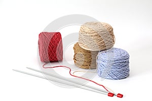 Kintting yarn balls on white backgroud, many color for crafter