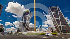 KIO towers or Gateway of Europe timelapse hyperlapse from Plaza de Castilla in Madrid, Spain.