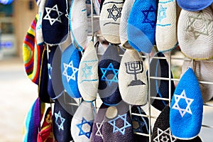 Kippahs Yarmulkes Jewish Hats Covers Israeli Star of David Souvenirs Safed Tsefat Israel. Kippahs. Jewish headgear worn by men dur