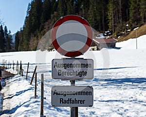 Kirchberg in Tirol, Tirol/Austria - March 24 2019: Road sign in Austria no traffic allowed except for bikers