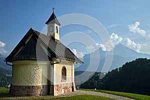 Kirchleitn chapel in front of mount Watzmann in Berchtesgaden, Germany