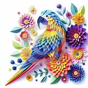 Kirigami Spectacle: Colorful Parrot Dances in a Garden of Flowers, White Isolation Elevating the Charm