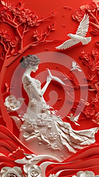 Kirigami style in red and white of an elegant woman with flowers and birds