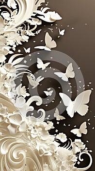 Kirigami style in white of an elegant floral patterns and butterflies