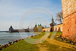 KIRILLOV, RUSSIA: Old Orthodox religious buildings on the background of blue sky