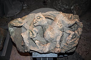 Fragment of the bas-relief on the stand in the interior of a necropolis in the Bet She`arim National Park. Kiriyat Tivon city in I